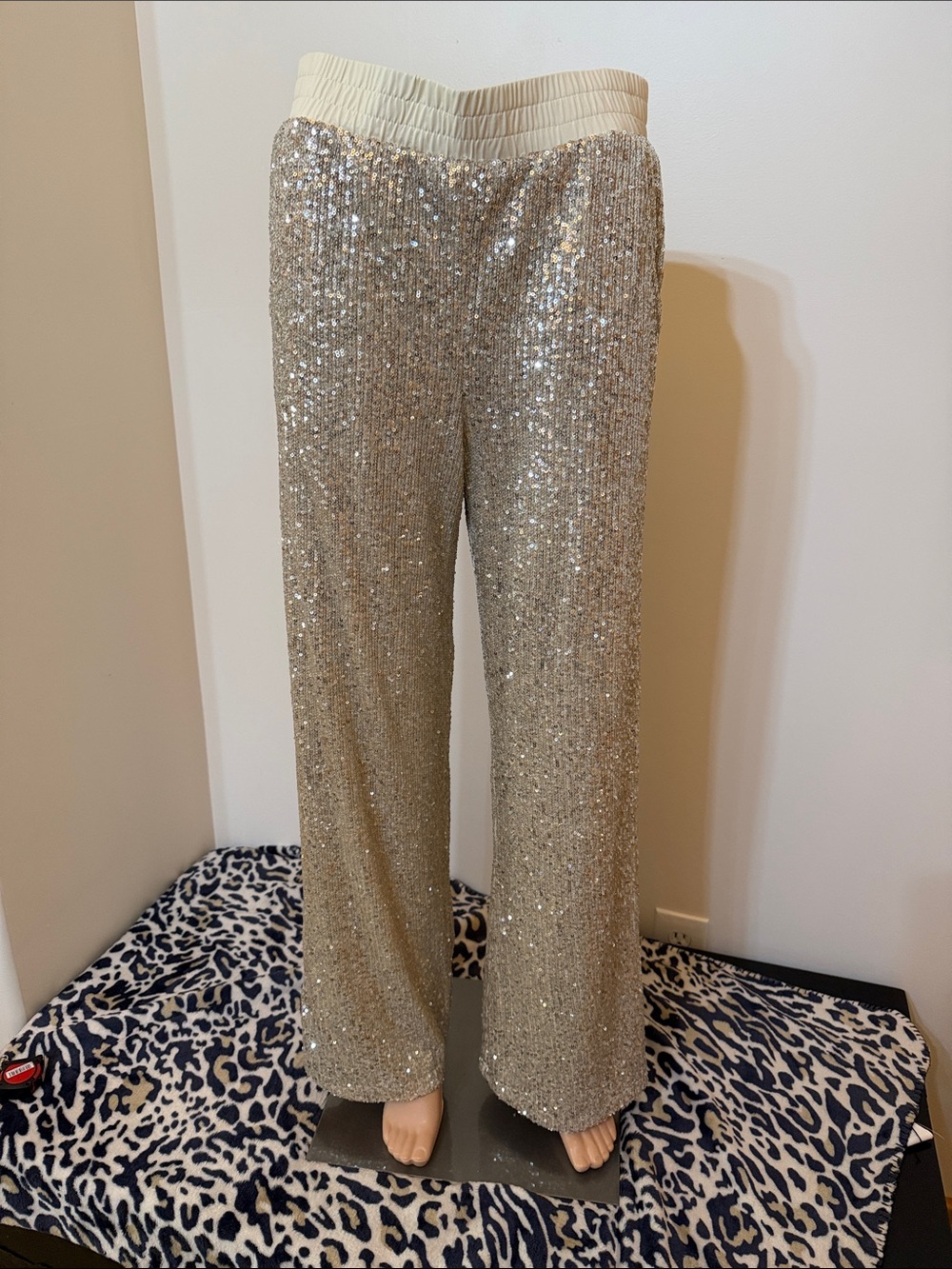 Boston Proper Sequin Wide-Leg Palazzo Pants - Champagne Size Small NWOT